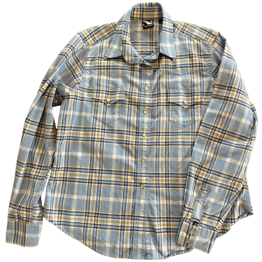 NWOT Women’s Rockies Western Yoke Pearl Snap Plaid Shirt XL Blue Tan